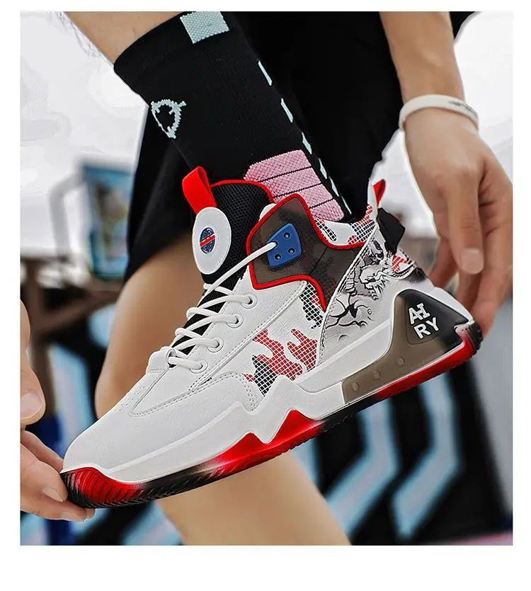 Couple Basketball Shoes Men High Top Sports Wear Resistant Air Cushioning Shoes Athletic Boots Comfortable Breathable Sneakers