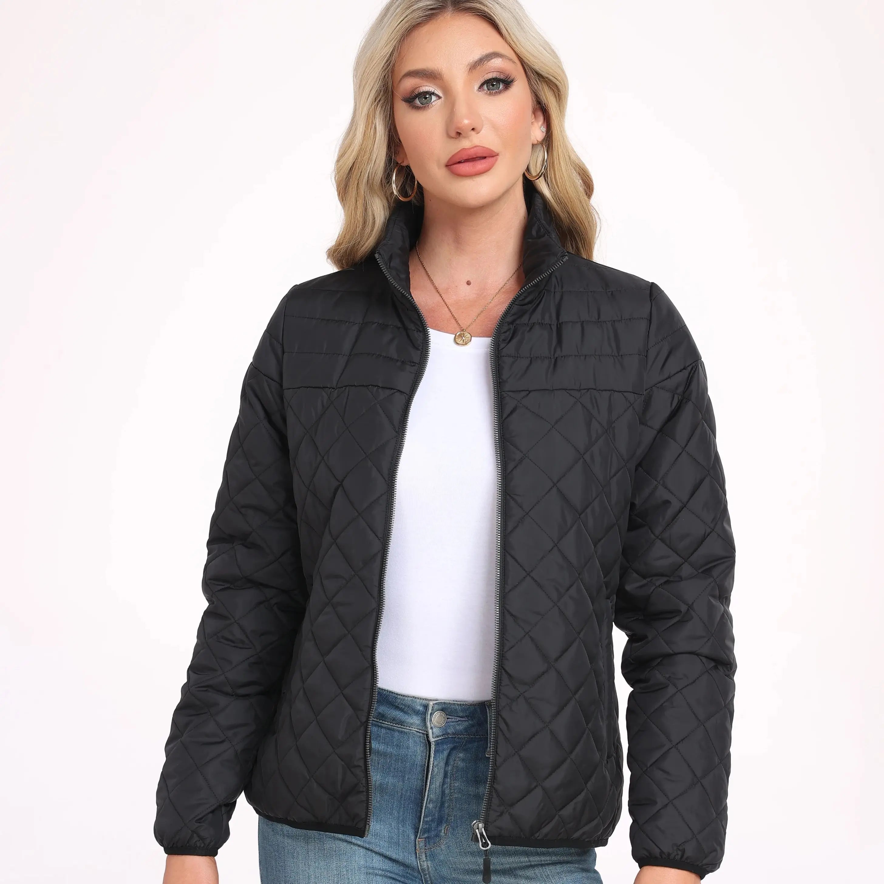 Women's Quilted Jacket With Zipper Simple Fashionable Casual Everyday Wear Coats Tops Black Spring Autumn