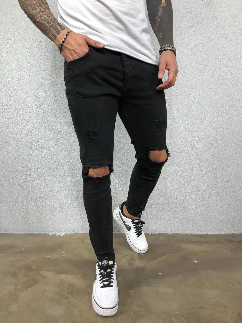 Men's Jeans Streetwear Ripped Skinny Hip Hop Man Fashion Estroyed Oversize Pants Solid Color Male Stretch Casual Denim Trousers