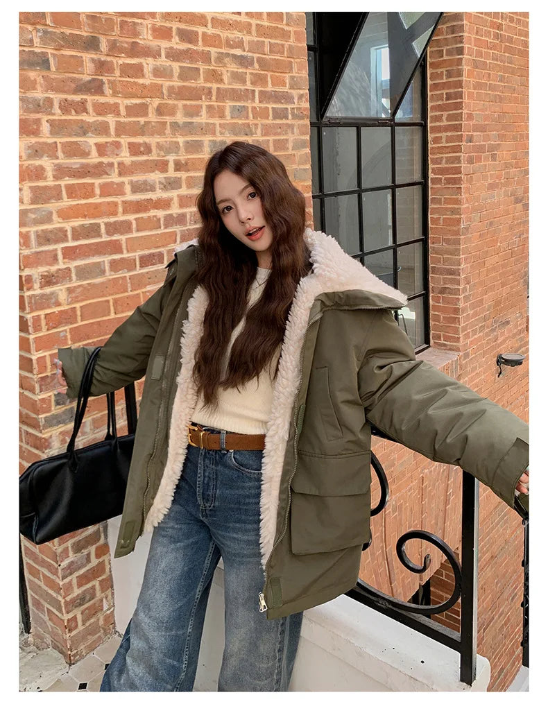 Women Parkas Short Coats Jackets Turn Down Collar Thick Warm Y2k Streetwear Elegant Jacket Work Coat Autumn Winter 2025