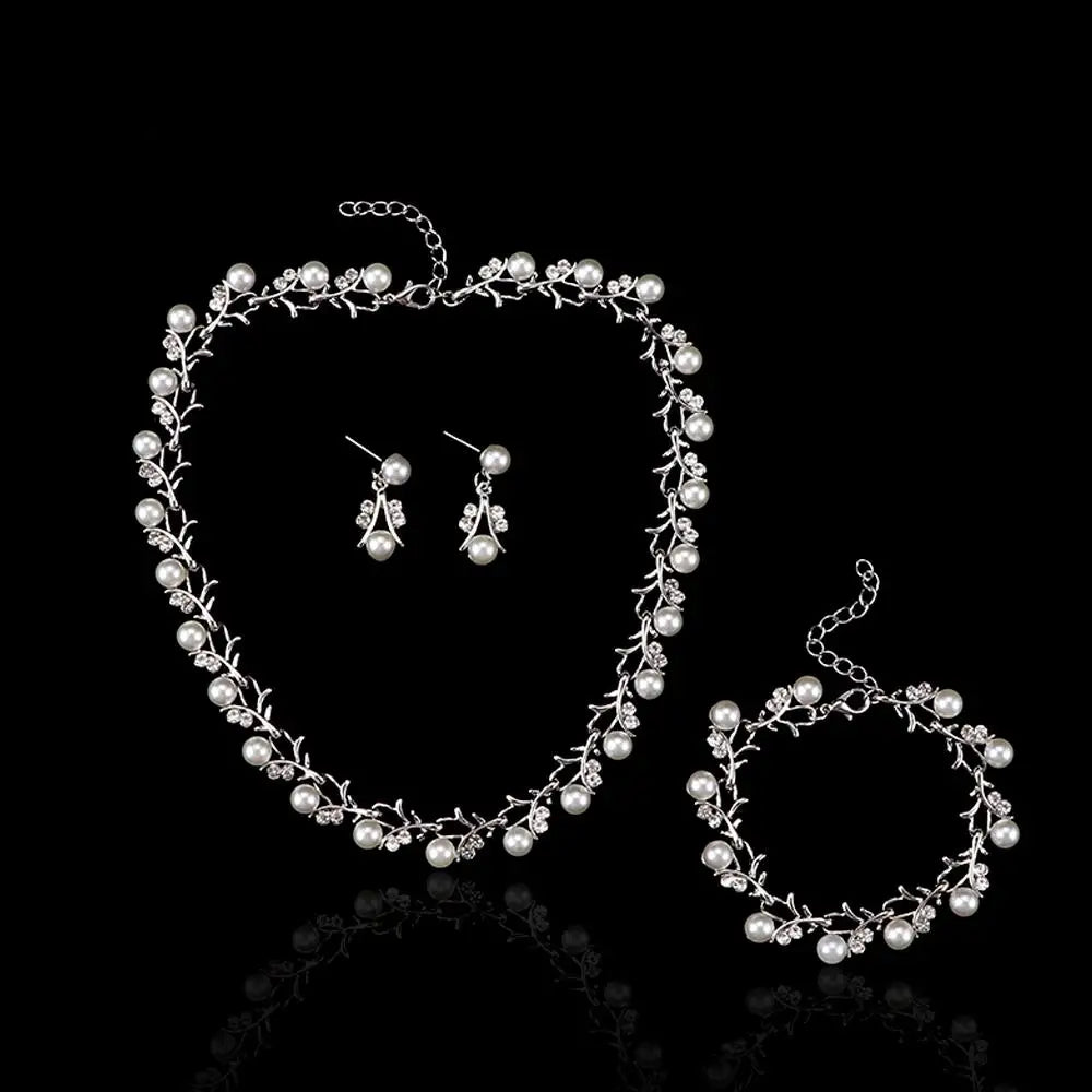 Day Gift Bridal Leaf Clavicle Chain Rhinestone Collar Choker Crystal Necklace Earrings Bracelet Set Wedding Jewelry Pearl