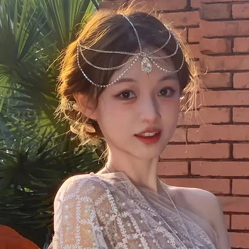 Luxury Jewelry Hair Accessories For Women Waterdrop Flower Tassel Forehead Chain Sexy Red Gemstone Hair Pendant Elegant Hairpin