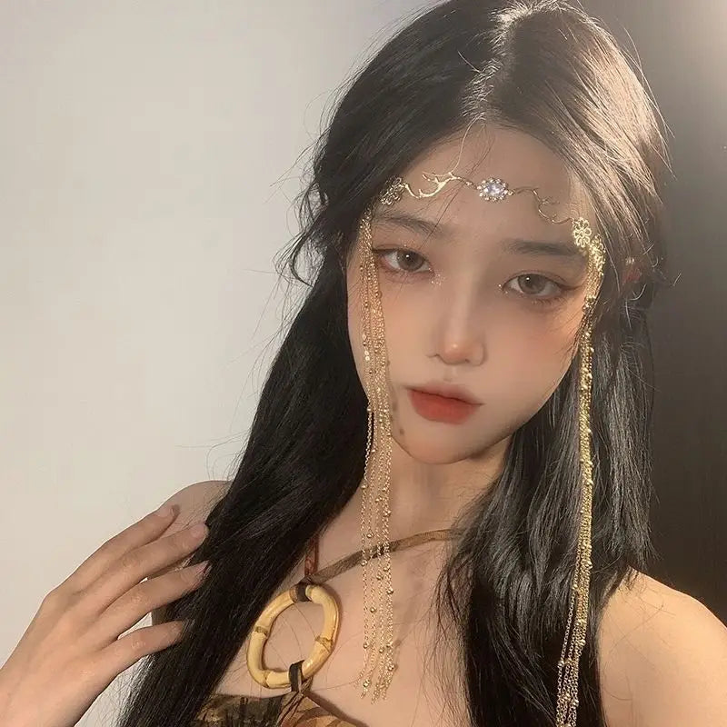 Luxury Jewelry Hair Accessories For Women Waterdrop Flower Tassel Forehead Chain Sexy Red Gemstone Hair Pendant Elegant Hairpin