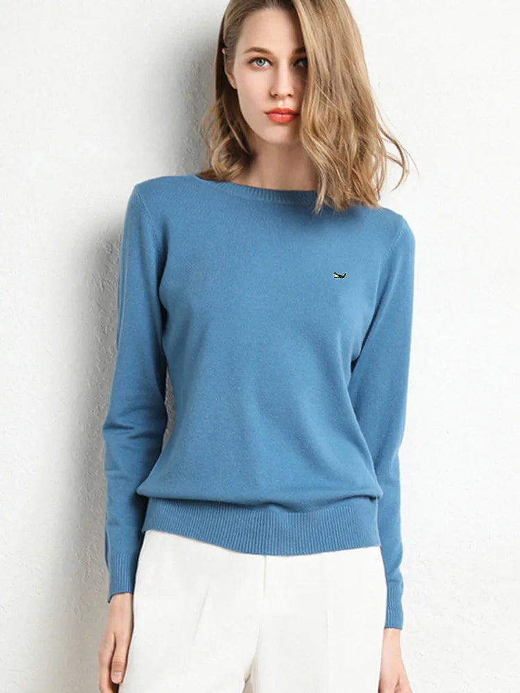 Women Autumn Winter Clothes  Neck Wool Sweater Long-sleeved Knitted Pullovers Shirt Embroidered Fish Logo Casual Sweater Tops