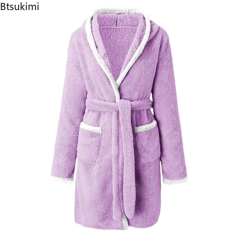 Women's Winter Casual Plush Robe Solid Color Matching Double Pocket Strappy Nightgown Fuzzy Bathrobe Coats Home Clothed Ladies