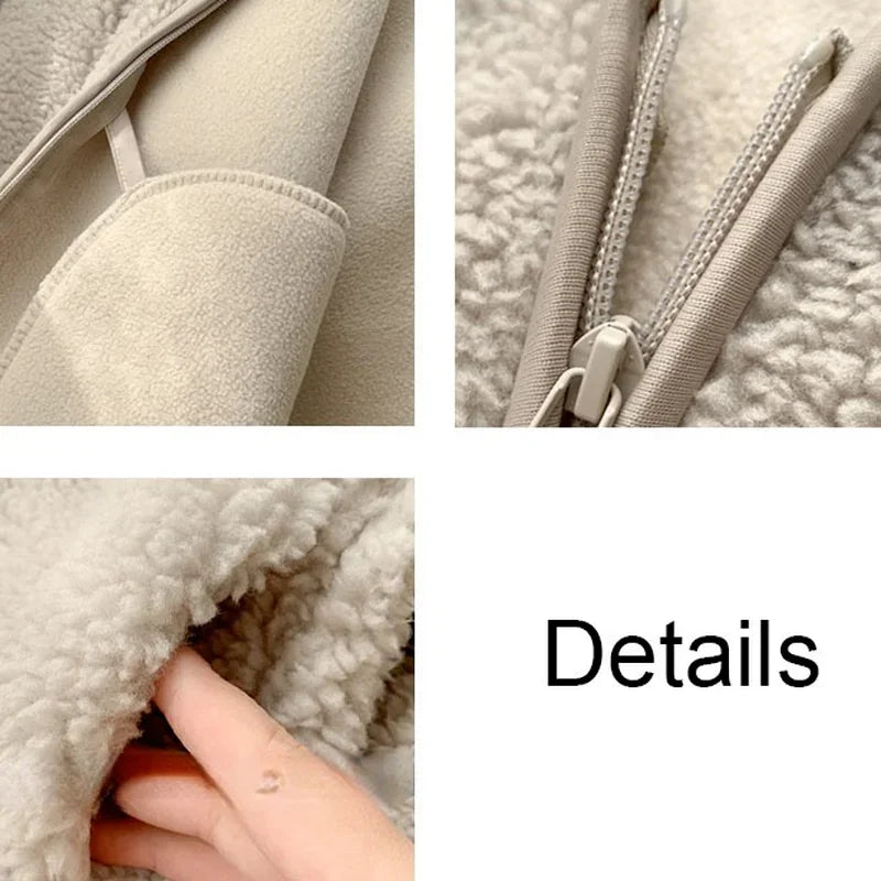 Women Lambswool Jackets 2025 Autumn Winter Thicken Warm Lady Long Sleeve V-neck Outrewear Solid Color Female Chic Zipper Coats