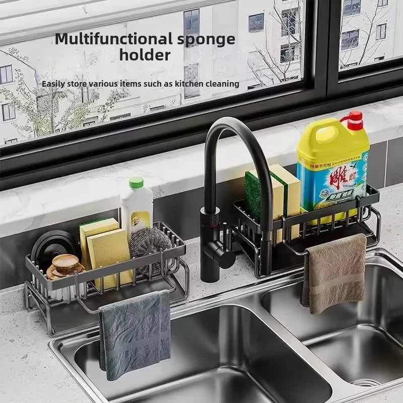 Kitchen Drainable Storage Rack With Hanging Rod Countertop Cleaning Supplies Without Punching Multi-Functional Storage Rack Tool