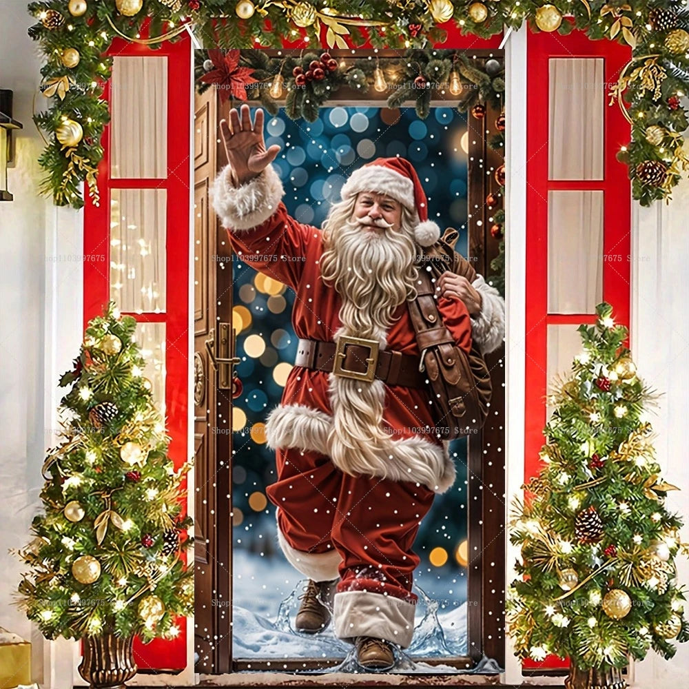 Christmas Decorations Santa Claus Door Banner Xmas Tree Gift Backdrop for Christmas Eve Indoor Outdoor Porch Background Decor