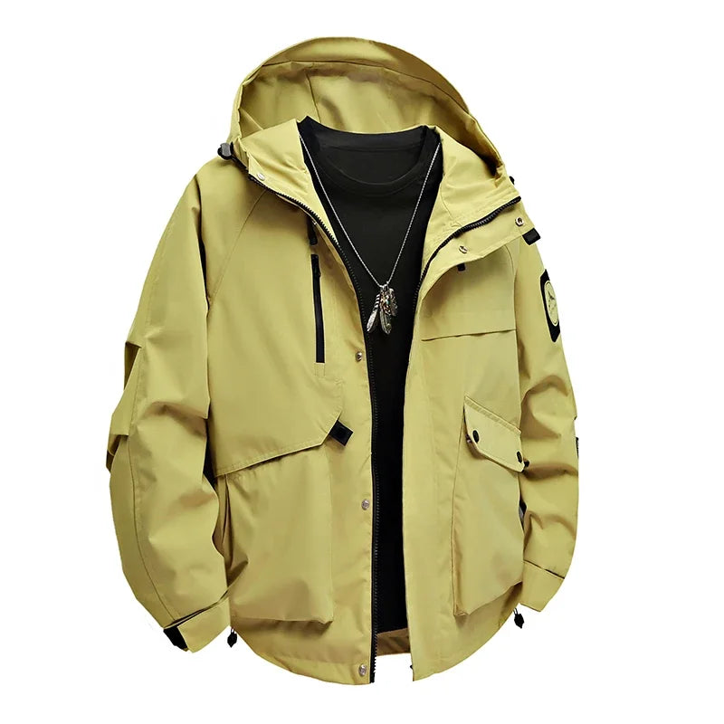 Men's workwear down jacket, American color-blocked hooded jacket for autumn and winter, cool and casual coat for teenagers
