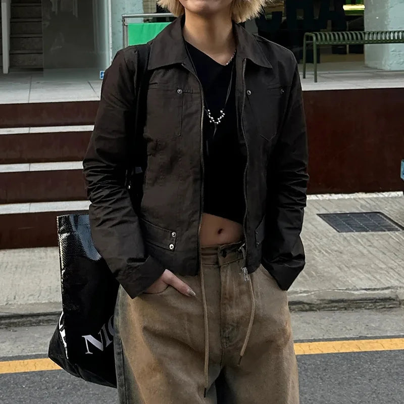 Women Jacket Pocketd Long Sleeve dCasual Zipper Coats Slim Fit Turn Down Collar Solid Outwear Elegant Lady Autumn