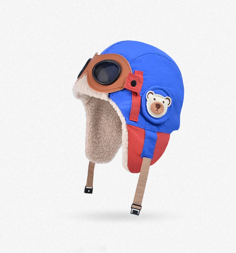 Winter Kids Skiing Hat with Detachable Goggles Kids Beanie Protect Ears Fleece Lining Children Bonnet Cap for Boys Girls 4-12Y