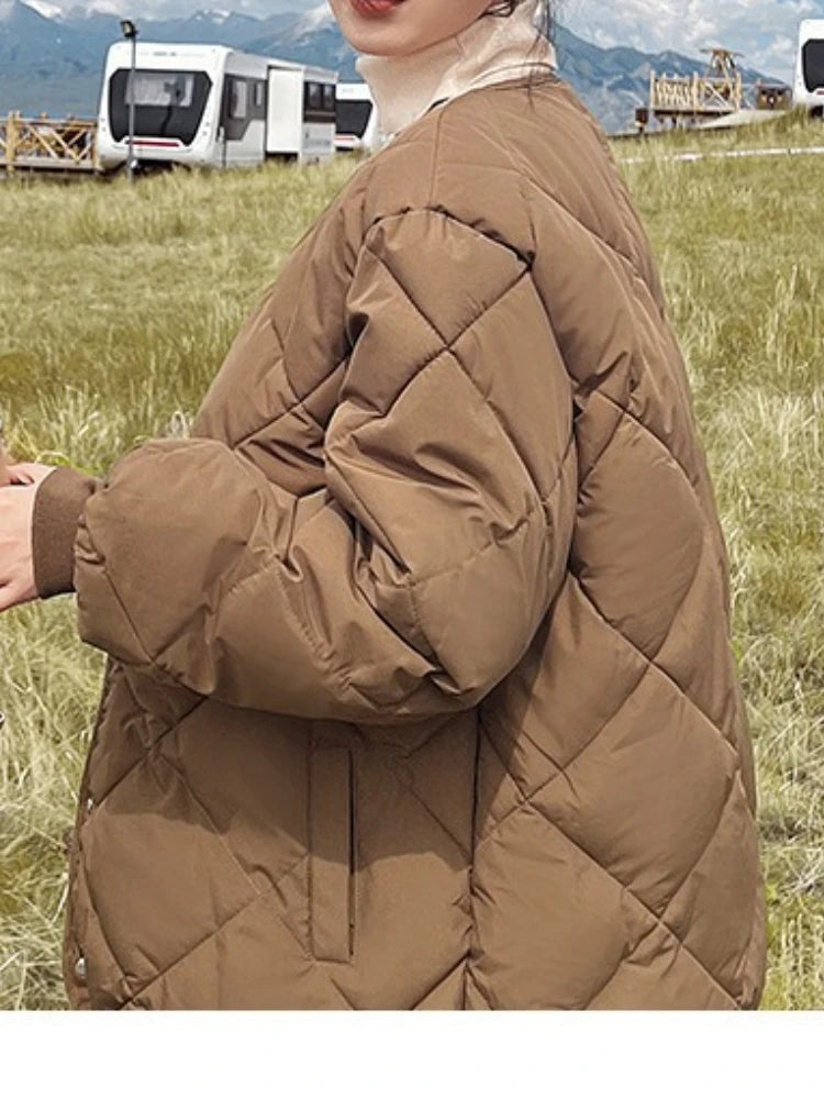 New in Winter Cotton-Padded Jacket for Women New Versatile Lightweight Rhombus Plaid Cotton-Padded Jacket Simple and Stylish