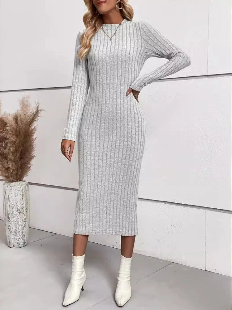 2025 Winter Women O-neck Long Sleeve Knitted Long Dress Autumn Elegant Casual Solid Color Dresses Slim Fit Sexy Clothing