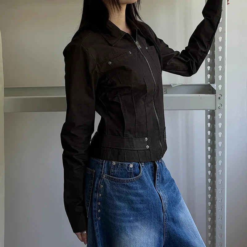 Women Jacket Pocketd Long Sleeve dCasual Zipper Coats Slim Fit Turn Down Collar Solid Outwear Elegant Lady Autumn