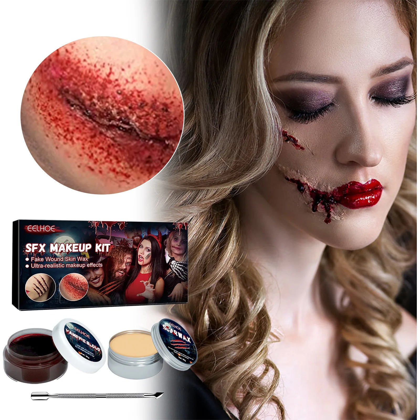 Halloween Special Effects Makeup Kit,Scar Wax with Spatula and Clotted Blood Gel,Fake Wound,Creepy Atmosphere Party Makeup Props