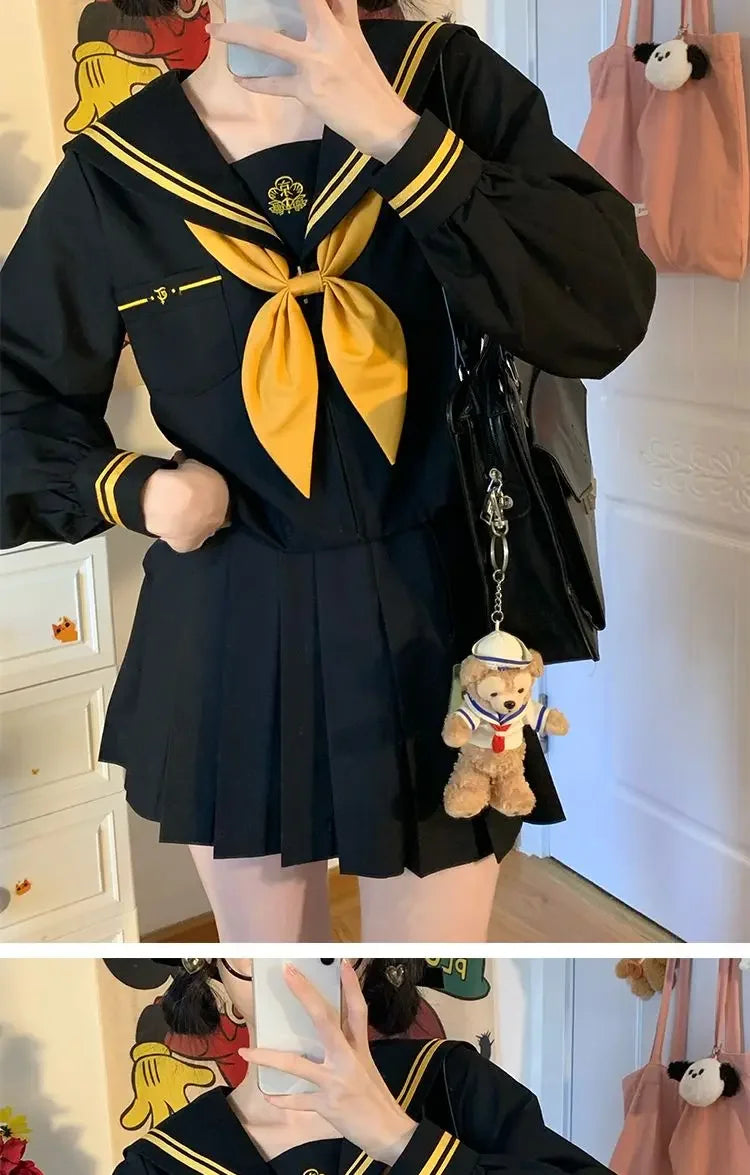 Japanese School Uniform Girls Plus Size Jk Suit Role Play High School Yellow Tie Black Basic Sailor Suit Female Long Sleeve Suit