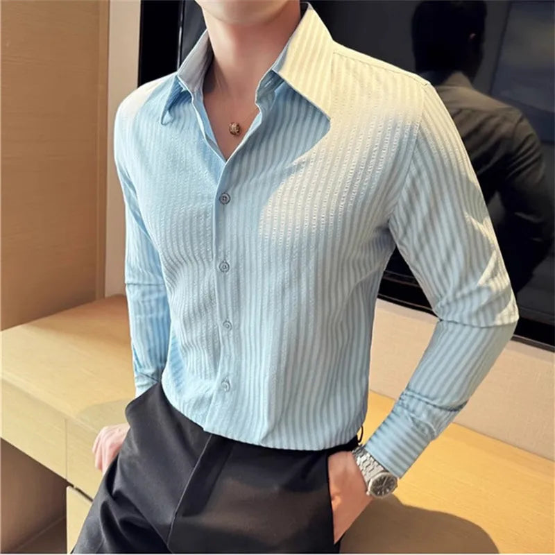 High Quality Men's Shirts Long Sleeve Striped Smart Casual Shirts Men Fashion Turn Down Collar Slim Fit Formal Office Shirt Tops