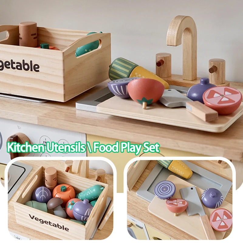 Wooden Pretend Play Kitchen Toys Cutting Food Accessories Set Fruit Vegetable Bakery Meat fish Early Educational Cognition Toys