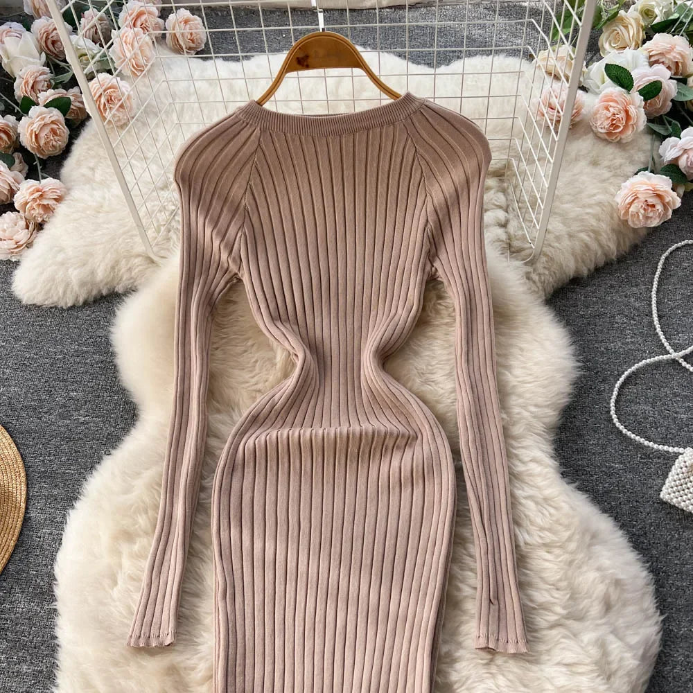 Women Knitted Dress O Neck Sexy Slim Elastic Oversized Basic Bodycon Long Dress Winter knit Warm Sweater Dresses