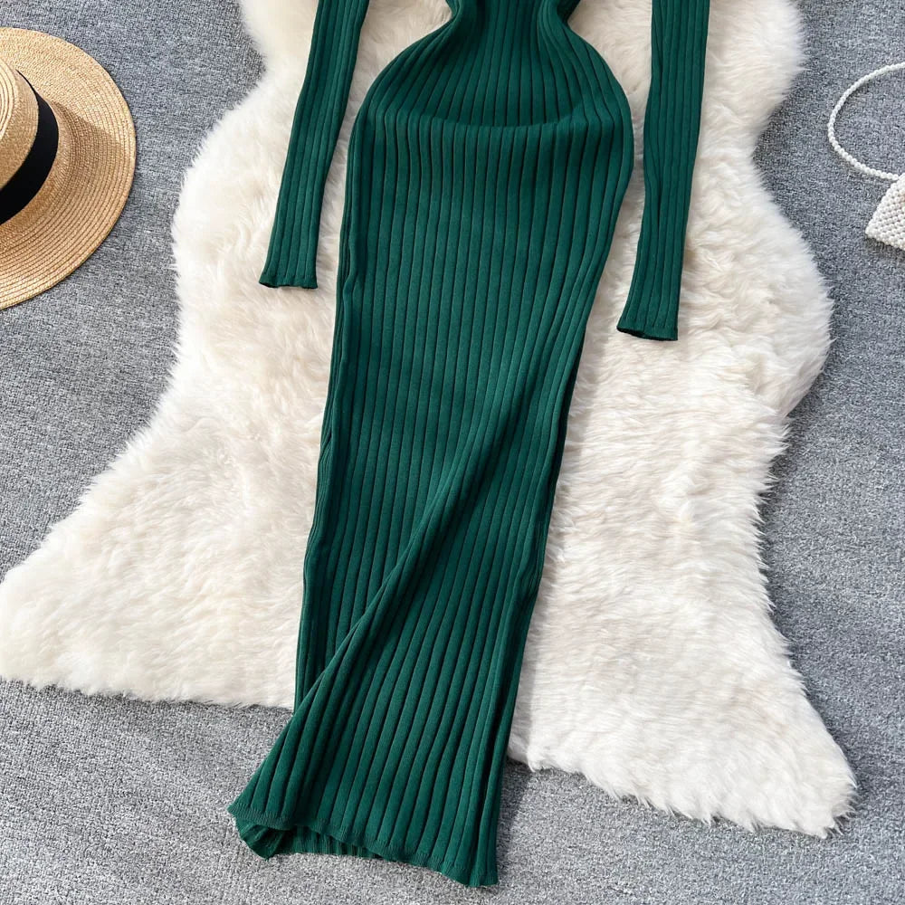 Women Knitted Dress O Neck Sexy Slim Elastic Oversized Basic Bodycon Long Dress Winter knit Warm Sweater Dresses