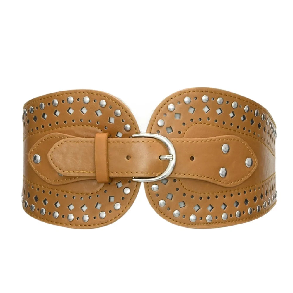 Women Accessories New Design Fashion Black Brown Pu Leather Silver Plated Buckle Elastic Belts