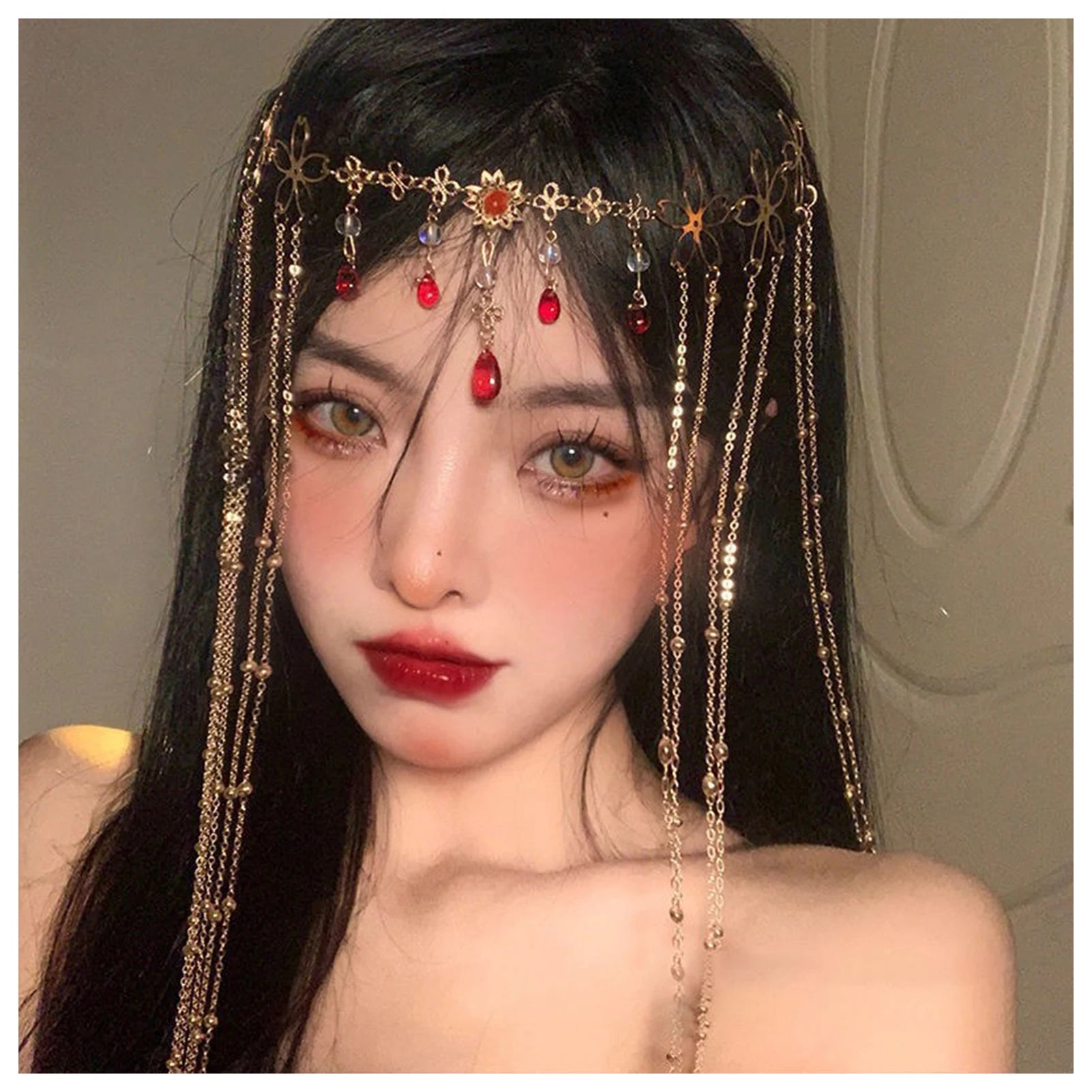 Luxury Jewelry Hair Accessories For Women Waterdrop Flower Tassel Forehead Chain Sexy Red Gemstone Hair Pendant Elegant Hairpin