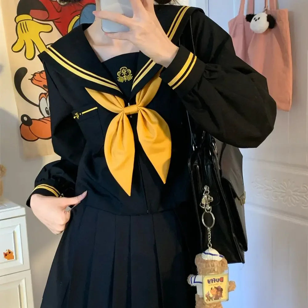 Japanese School Uniform Girls Plus Size Jk Suit Role Play High School Yellow Tie Black Basic Sailor Suit Female Long Sleeve Suit