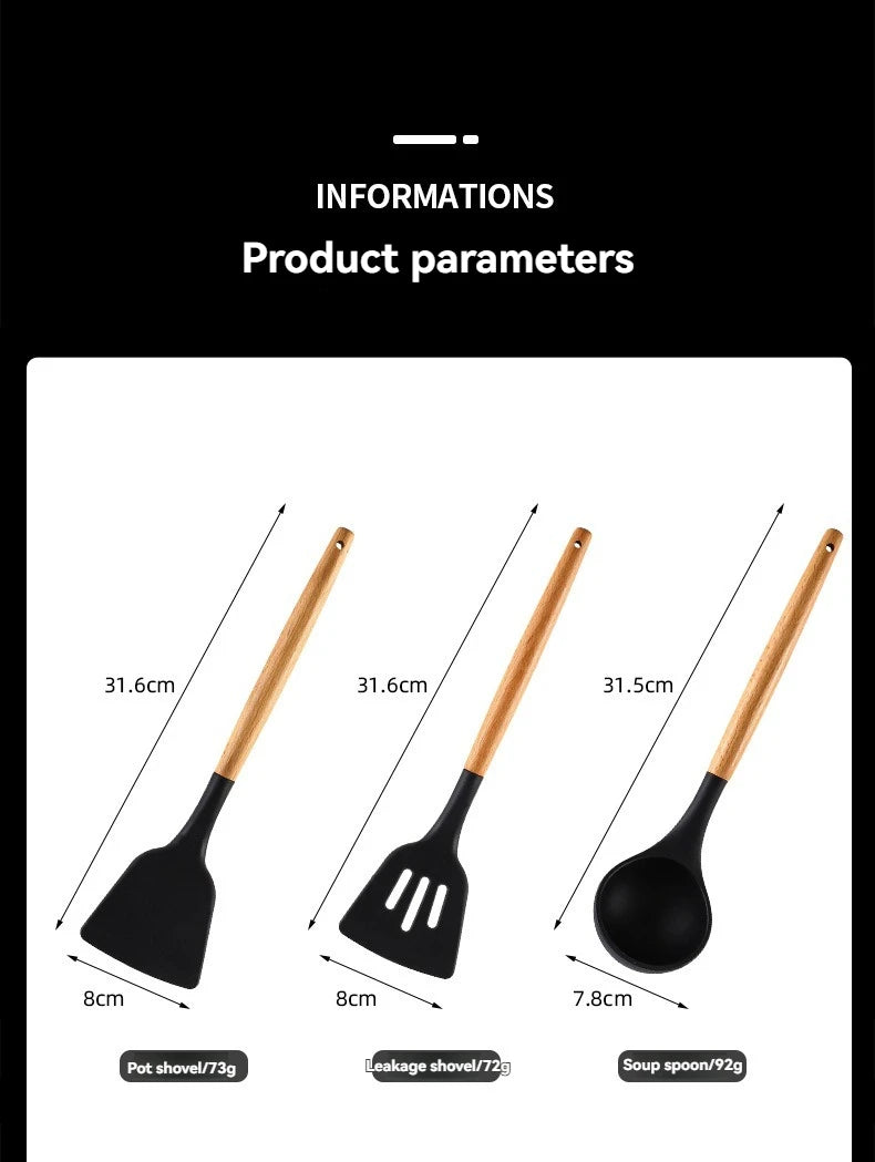 Kitchen utensil set with wooden handles, non-stick pans, food-grade cooking silicone storage set, baking and frying kitchen set