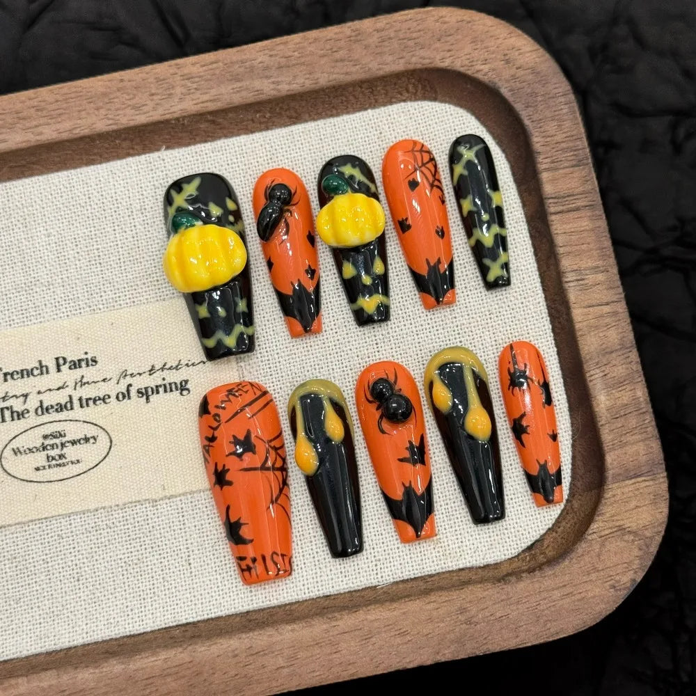 “Halloween Collection” Cross-Border Export Funny Pumpkin Halloween Atmosphere Handmade Nail Stickers, Press-On False Nails 10pcs