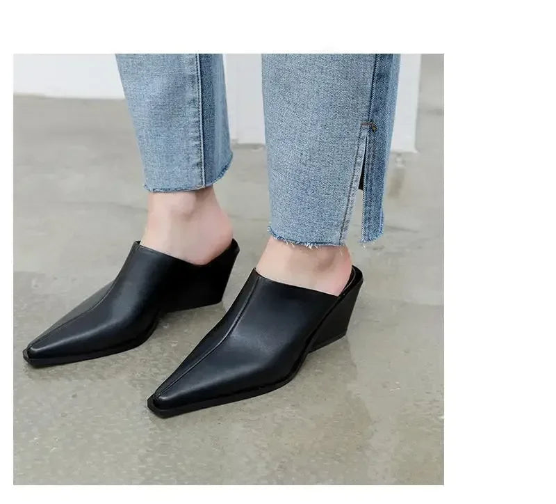 Shoes Mules For Women 2024 Slippers Casual Loafers Pantofle Slides Square Toe Low On A Wedge Luxury New Heels Block Cover Fashio