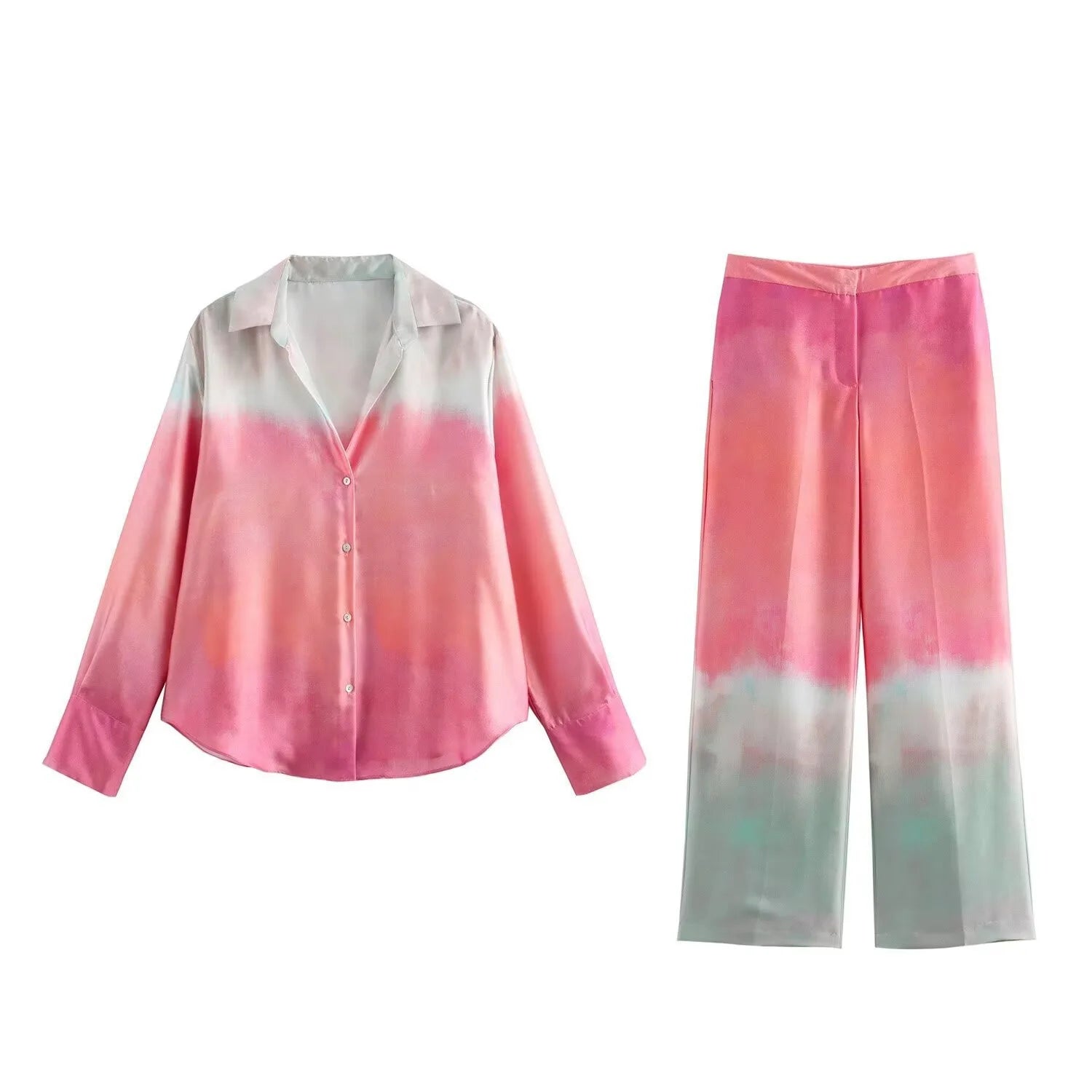 Women's Autumn Suit Tie Dye Turn-Down Collar Single Breasted Blouse+High Waist Gradient Zipper Casual Streetwear Wide Leg Pant