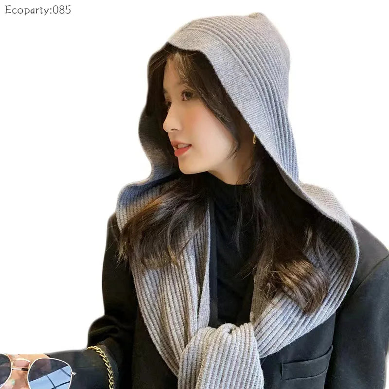 Winter Hat and Scarf Set Knitted Hooded Shawl Balaclava Hat Women Keep Warm Scarf Wool Pullover Hat Gothic Accessories 2025 New