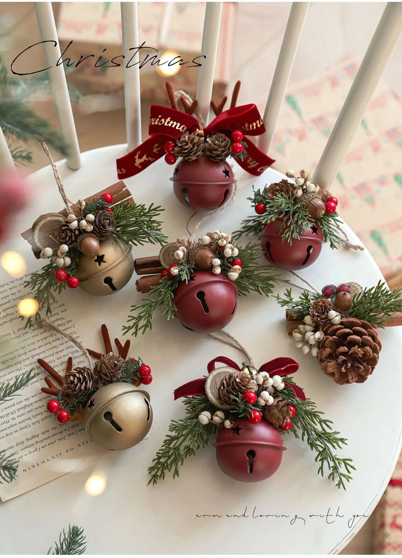 Christmas Hanging Decor Set, Assorted Deer Antler Bell Bow Pinecone Ornaments for Xmas Tree Home Car Gift