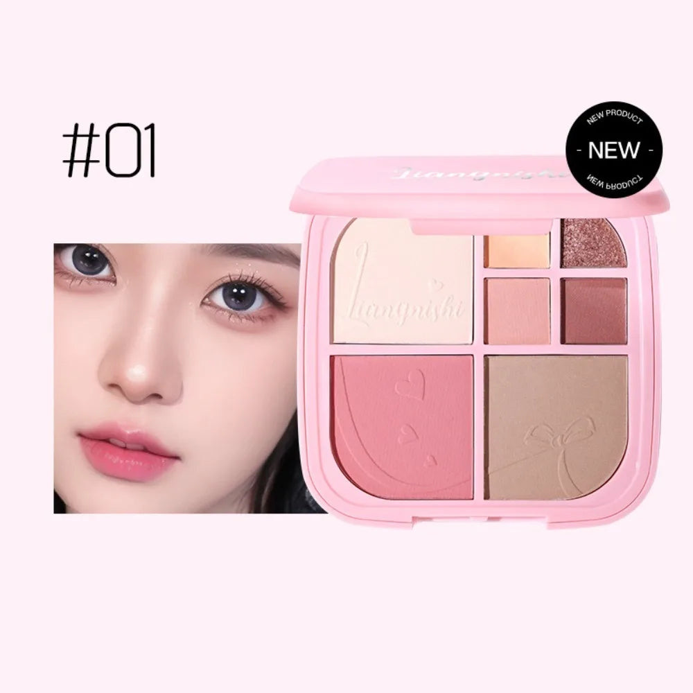 Beauty Brighten Eye Shadow Cosmetics Blush Shading Powder Highlighting Powder Disc with Mirror Art 7 Color Face Palette Party