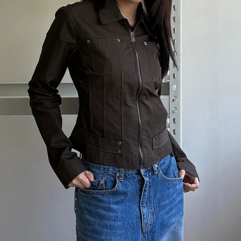 Women Jacket Pocketd Long Sleeve dCasual Zipper Coats Slim Fit Turn Down Collar Solid Outwear Elegant Lady Autumn