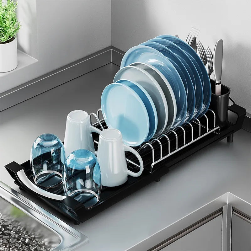 Kitchen Dish Storage Rack Retractable Dish Rack Kitchen Organizer Rack Countertop for Dishes and Chopsticks Drain Basket