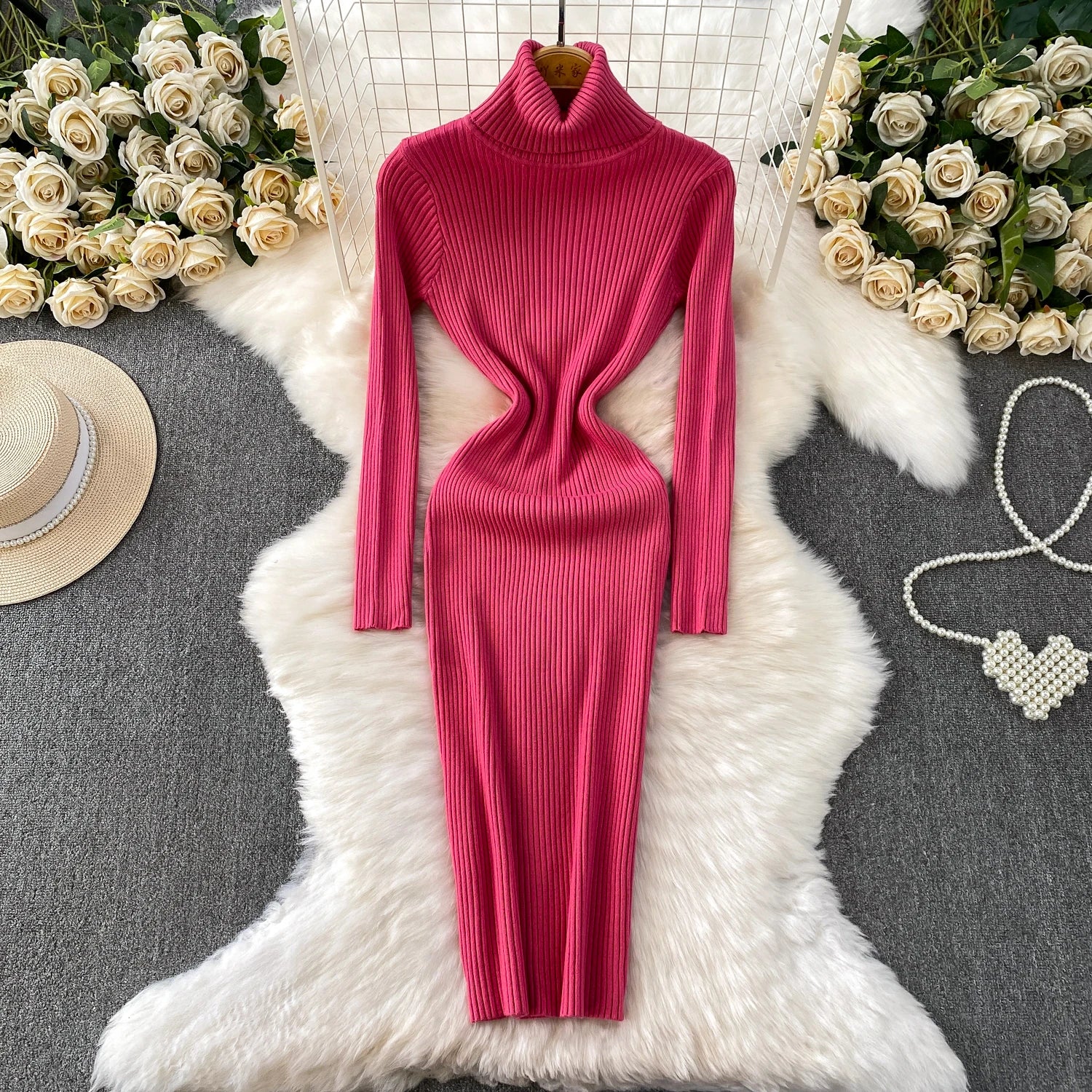 Women Winter Turtleneck Knittign Dress Stretch Slim Long Sleeve Soft Knitwear Dresses Female Casual Lining Simple Bottom Vestido