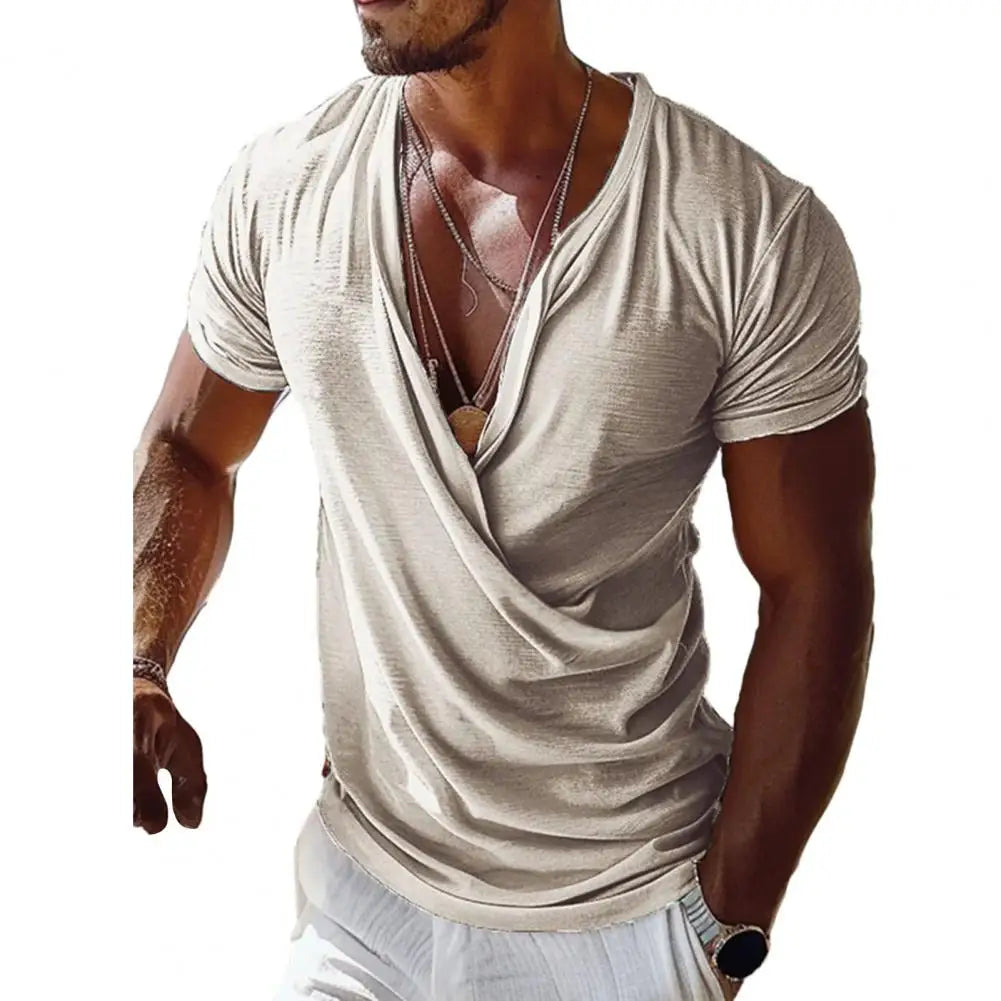 Men T-shirt V-neck Short Sleeve Casual Tops Loose Fit Solid Color Breathable Fabric Pullover Tops Home Gym Street Wear