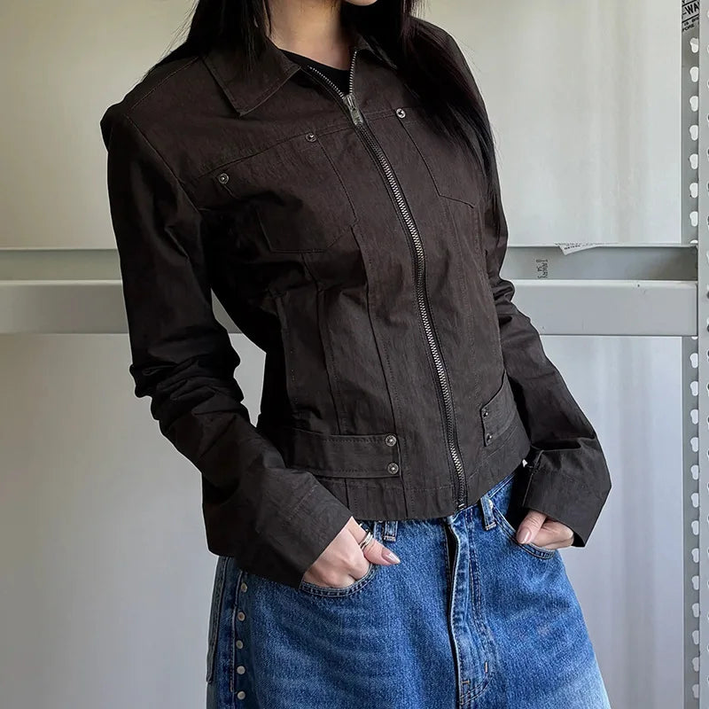 Women Jacket Pocketd Long Sleeve dCasual Zipper Coats Slim Fit Turn Down Collar Solid Outwear Elegant Lady Autumn