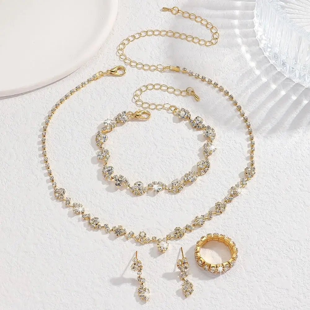 Bridal Shining Crystal Jewelry Set Diamond Exquisite Earrings Bracelet Luxury Necklace Banquet