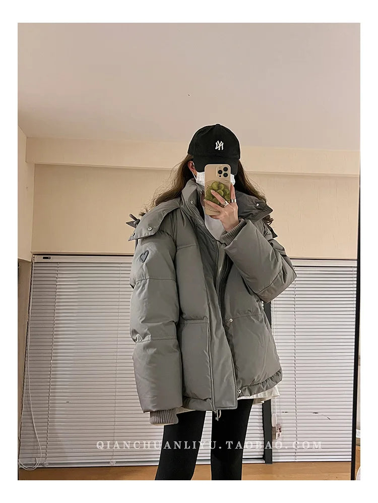 Women's Down Cotton Jacket Hooded Coat Winter Cotton Comfortable Thick Warm Love Embroidery Loose Jacket Snow Coat Clothing