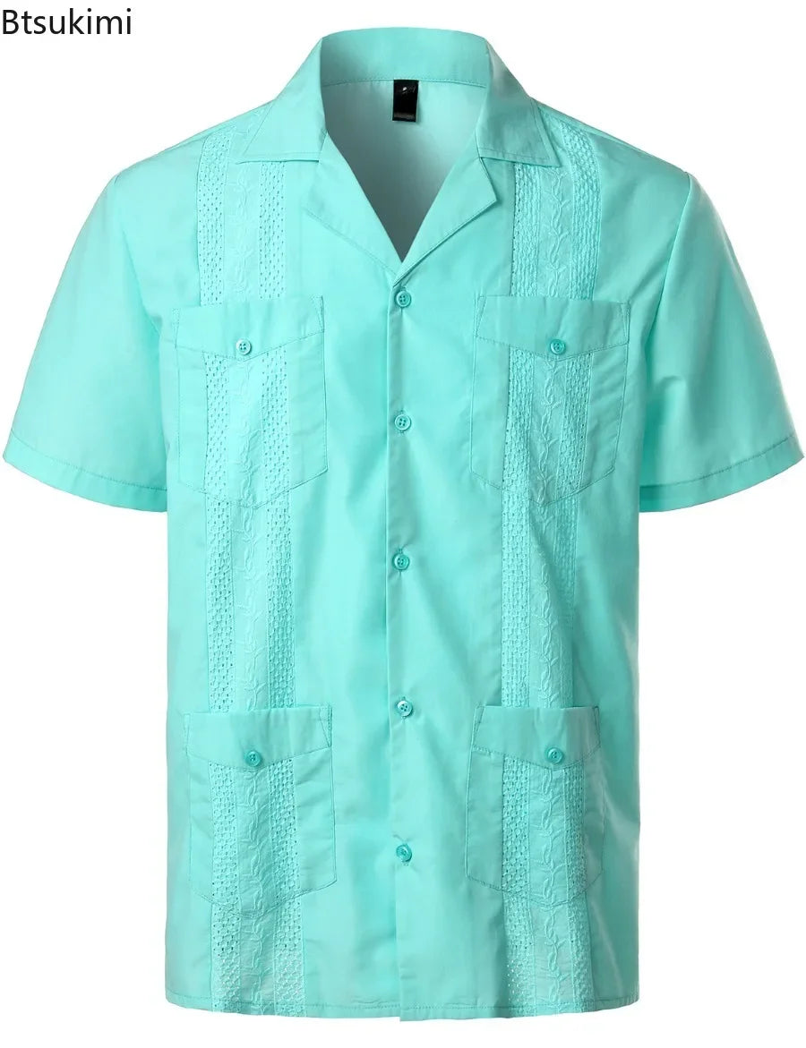 Summer New Mens' Shirts Multi-pockets Lapel Short Sleeve Single Breasted Cardigan Male Casual Beach Shirts Traditional Costumes