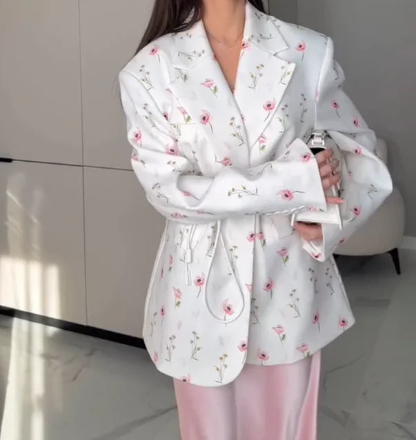 Women's Jacket Autumn/winter Fashion 2025 New Fashionable Printed Loose Fitting Suit Collar, Tie Up Waist Cinching Suit Jacket