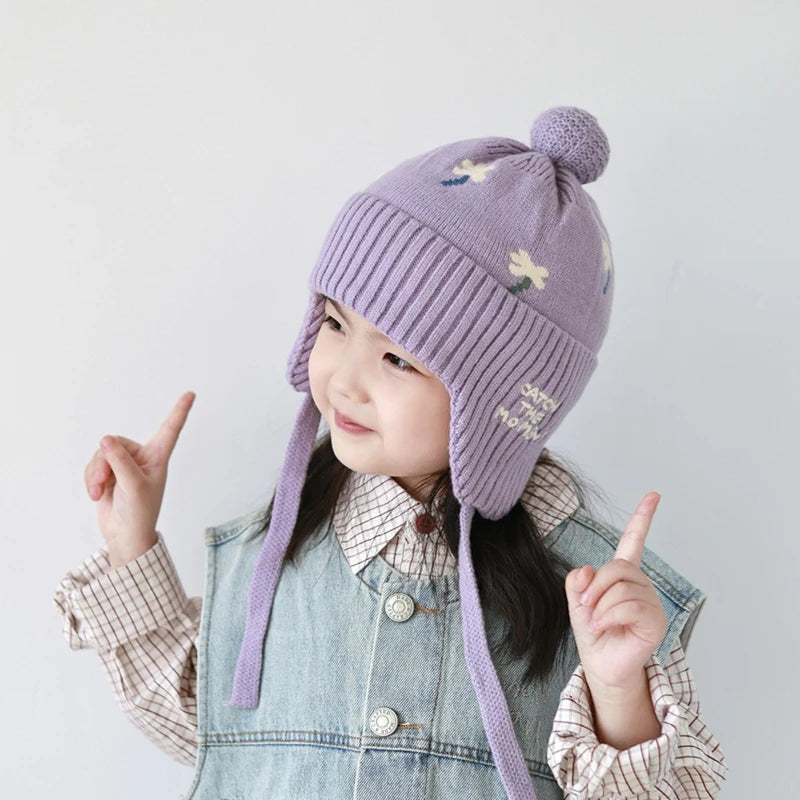 5 Colors Winter Girls Pink Hat Cute Ear Protection Cap Kids Warm Knitted Beanie Hats Outdoor Baby Headwear Accessories 2-8Y