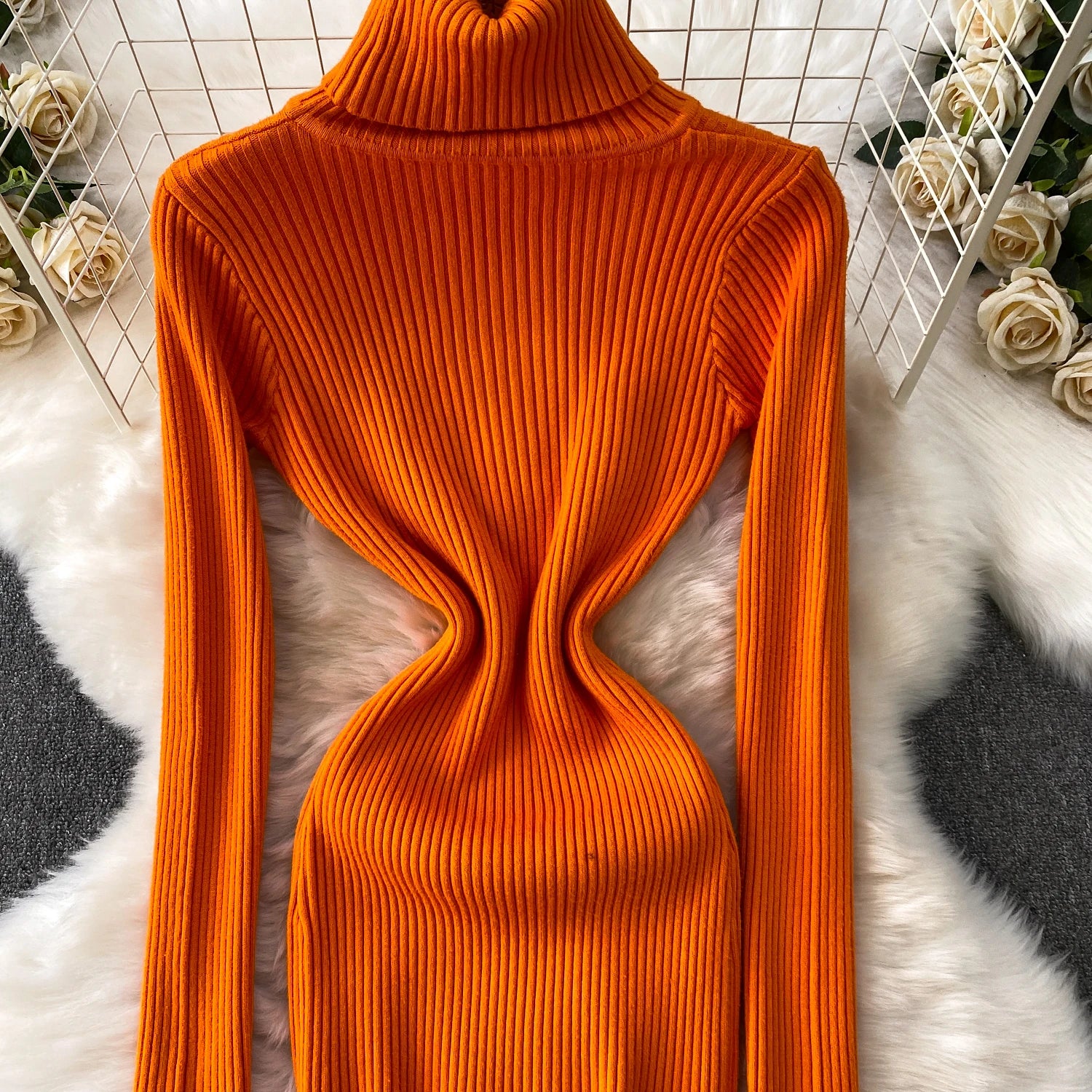 Women Winter Turtleneck Knittign Dress Stretch Slim Long Sleeve Soft Knitwear Dresses Female Casual Lining Simple Bottom Vestido