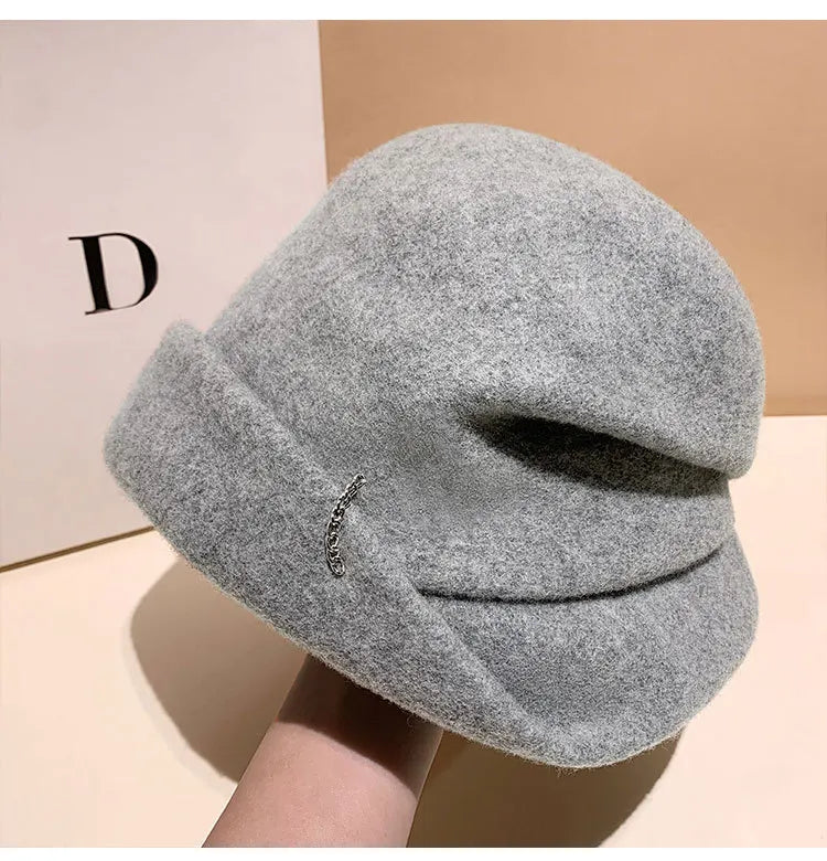 Winter Hat for Women Soft Warm Wool Cap Adjustable Ladies Beanie Cloche Bucket Hat Crushable Ski Hat Upturn Brim Church Hat