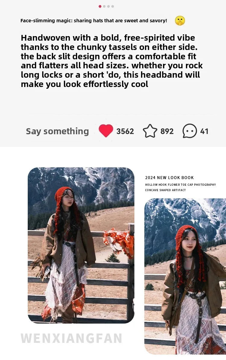 Winter Travel Red Hollow Knit Beanie with Tassel Tie Fashion Hat for Women Cold Weather Accessory