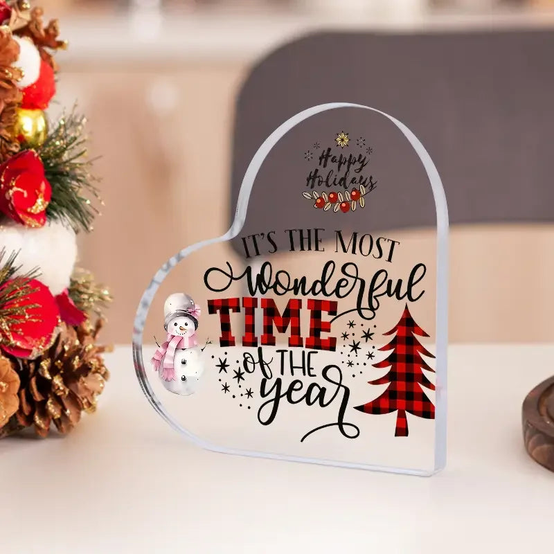 Acrylic Christmas Decoration Sign, Heart-Shaped with Snowman & Tree, 