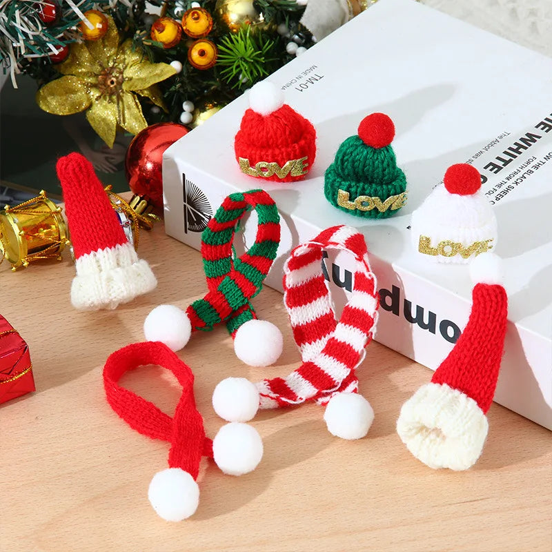 Christmas Decoration  Mini Knit Hat Mini Christmas Scarf Set Knitting Craft Doll Hats Jewelry Making Hair Decoration New year