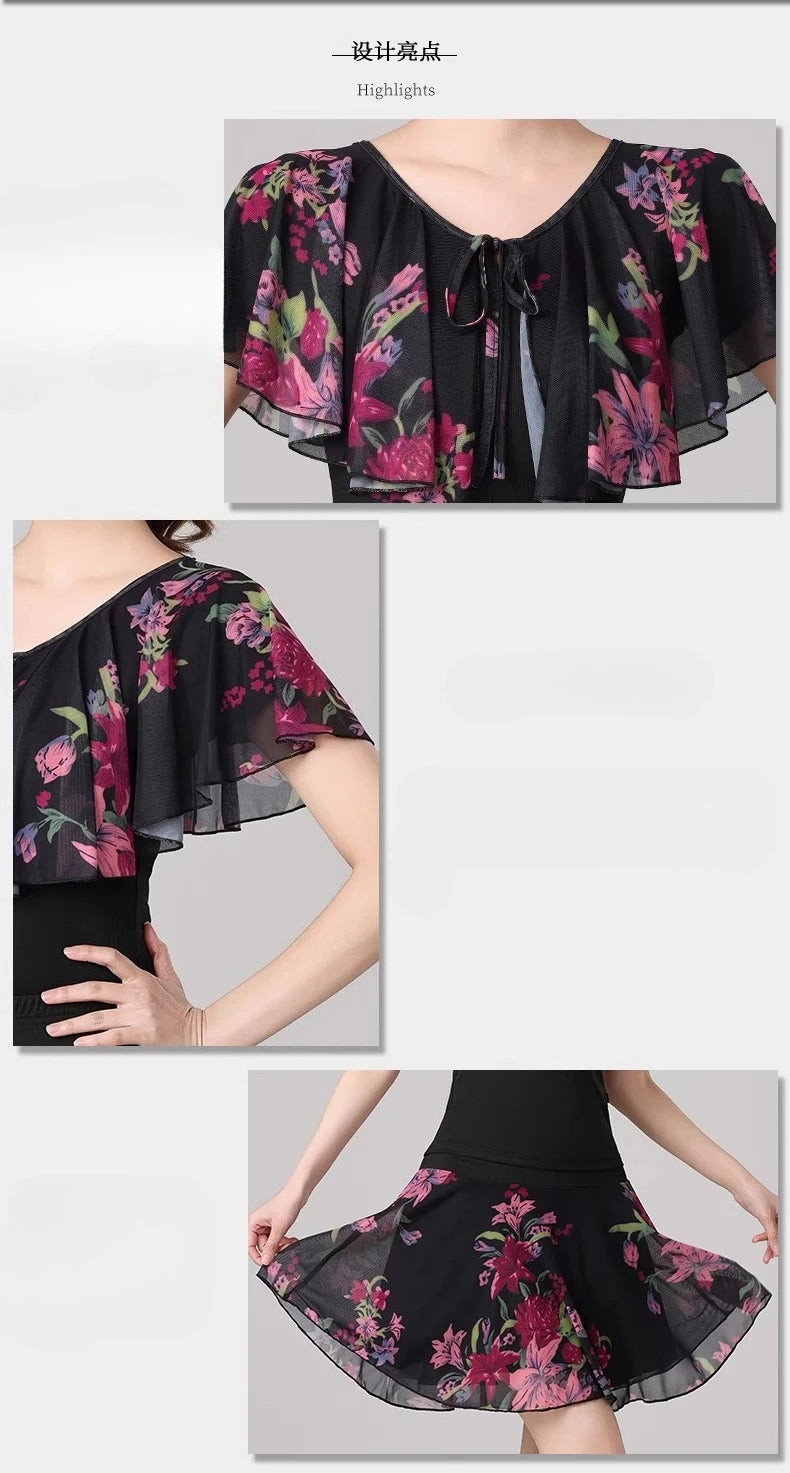 Women Samba Latin Dance Practice Suit Summer New Net Yarn Printed Modern Dance Performance Costume Square Modern Evening Dresses